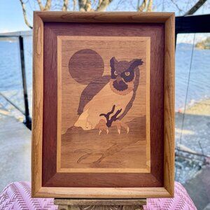 Vintage Wood Marquetry Owl Wall Art